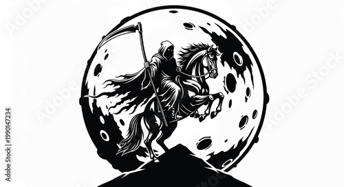 Knight holding a battle banner on a horse beside a dramatic moon with stars and comic linework featuring warrior, flag, medieval with cavalry and