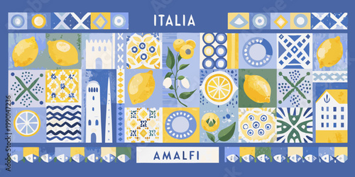 A colorful illustration depicting italian lemons patterns and the amalfi coast