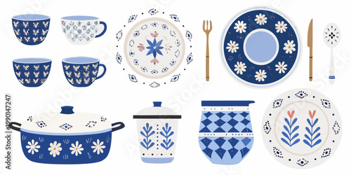 Blue and white floral patterned ceramic dishware and serving pieces arranged neatly