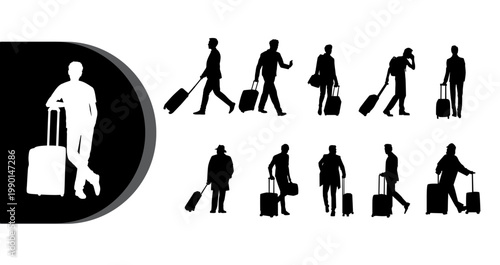 A collection of silhouetted travelers walking with luggage on a white background