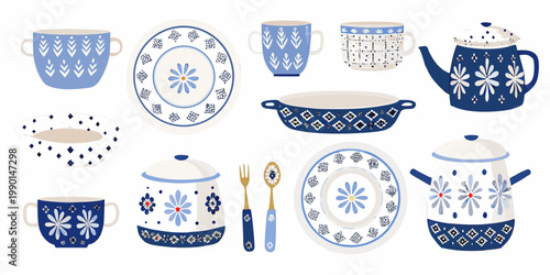 Collection of blue and white patterned ceramic tableware and kitchen items