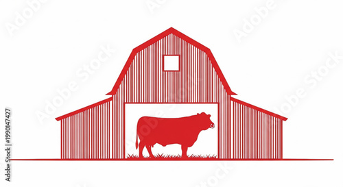 Barn icon with red cow silhouette and white fence stripes for farm branding and rural agriculture design