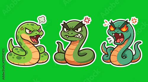 Three Cartoon Snakes Displaying Anger and Aggression on Green Background.