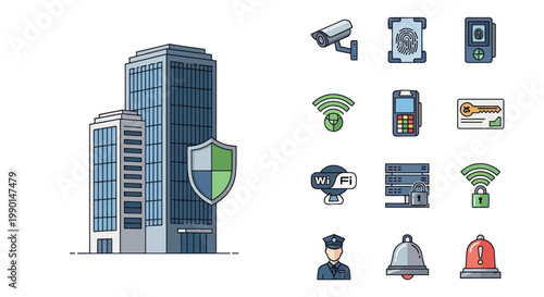 Modern Office Building Security System Icons and Illustration