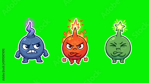 Three Cartoonish Angry Characters with Different Expressions and Colors.