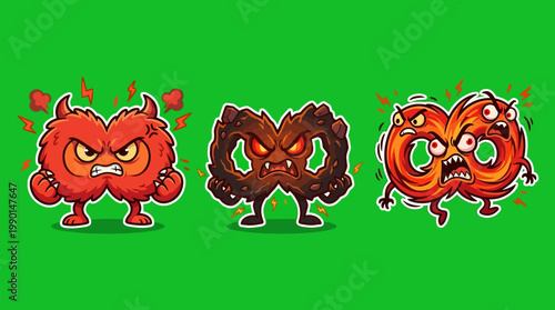 Three Cartoonish Monsters with Angry Expressions on Green Background.