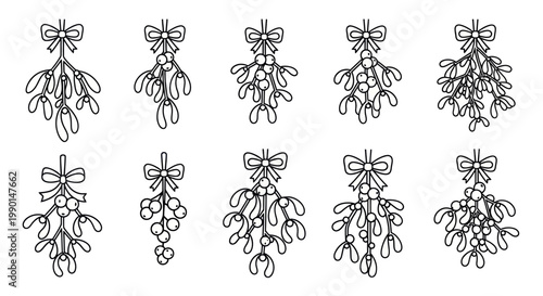 Collection of Hand-Drawn Mistletoe Sprigs with Bows, Isolated on White Background