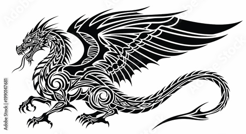 Dragon tattoo design with tribal wings and tribal linework in black and white on a clean background featuring fierce, mythical creature, folklore