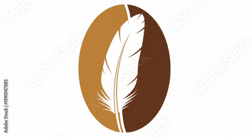 Feather quill icon with white linear feather on warm brown oval background featuring plume, writing, ink with calligraphy and pen elements for
