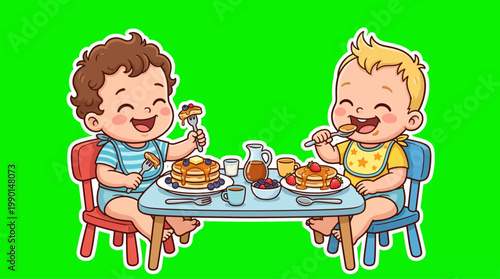 Two Adorable Babies Enjoying Delicious Pancakes and Syrup Together.