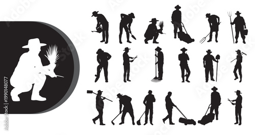 A collection of silhouetted gardeners working in a yard with various tools and equipment.