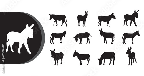 A collection of donkey silhouettes in various poses on a white background