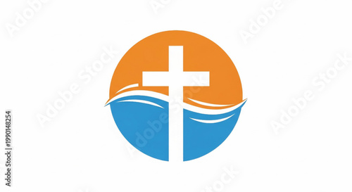 Cross church logo with orange sun halo and blue wave waves graphic symbol for faith and worship identity