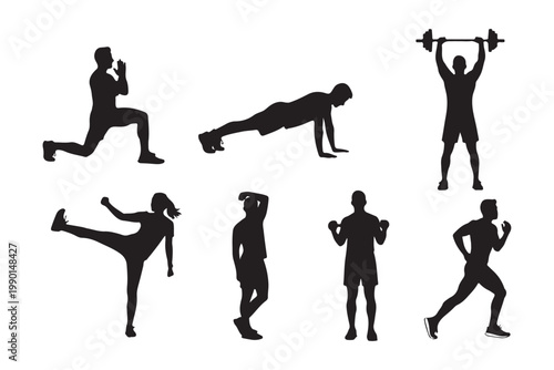 set of six Fitness workout black silhouette on white background