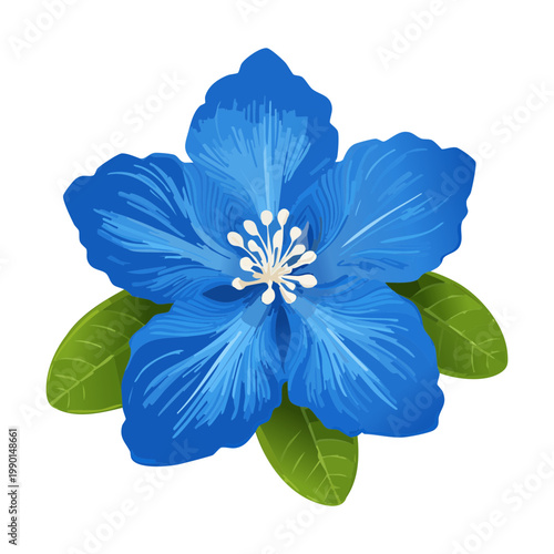 Foto Single blue hibiscus flower with green leaves for tropical summer fashion prints