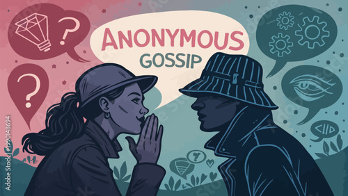 An illustration of two people engaged in anonymous gossip conversation