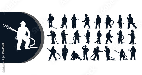 A collection of firefighter silhouettes in various poses and actions on a white background