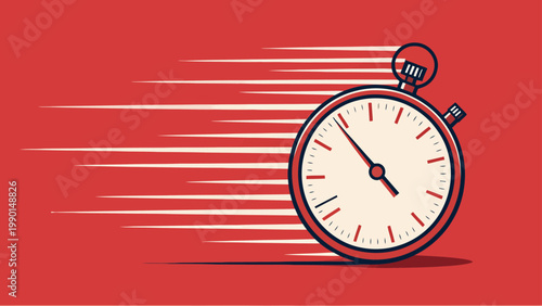 A vector graphic illustration of a stopwatch with motion lines on a red background