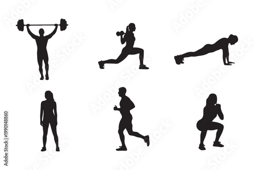 Set of fitness workout silhouettes with men and women exercising.