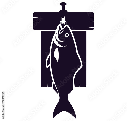 Black silhouette of a fish hanging on a wooden board for cooking or display purposes one sentence