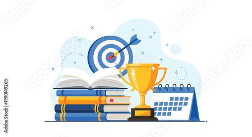 Educational success and academic achievement concept illustrated with a trophy, books, calendar, and a target for reaching learning goals.
