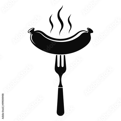 A closeup of fresh meat sausages on a grill with a metal fork, red pepper, and green vegetable ingredients isolated on a white background for a healthy meal.