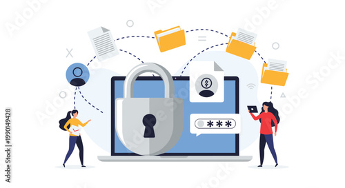 Data security and file encryption concept featuring people managing locked folders around a large laptop with secure password protection.