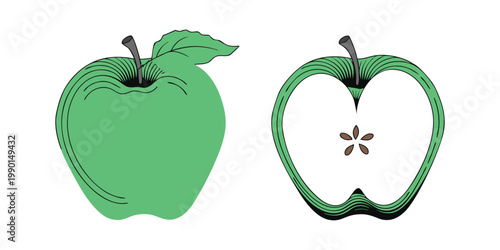 Fresh ripe green apple with a leaf and juicy slice, a healthy organic fruit vector illustration isolated on a white background for natural food design.