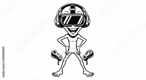 Robot face character with VR headset and gaming controllers, retro sci-fi line art for technology and entertainment