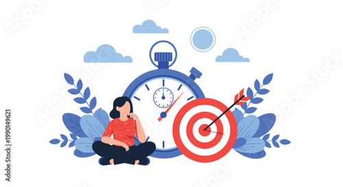 Time management and goal targeting concept with a woman sitting in front of a large stopwatch and archery target with an arrow.