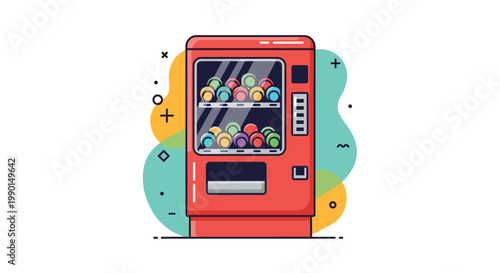 Automatic red vending machine filled with various colorful snack and drink options in an illustrated modern graphic style.