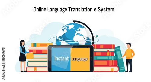 Online language translation and dictionary system concept with a tablet, books, globe, and students for global communication learning.