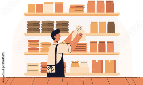 Shopkeeper Arranging Packaged Goods on Grocery Store Shelves