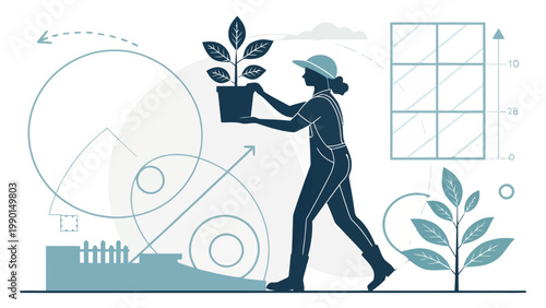 A woman in a hard hat holding a potted plant in a vector graphic illustration