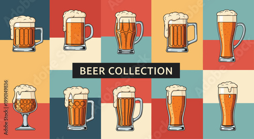 Comprehensive collection of ten different beer glasses and mugs filled with beer and white foam on a colorful background grid for menu design.