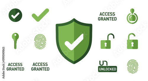 Cyber Security Icons: Shield, Fingerprint, Key, Unlocked Padlock, Access Granted