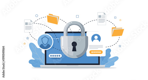 Cloud data protection and account security concept with a laptop, locked folder icons, and secure user verification around a padlock.