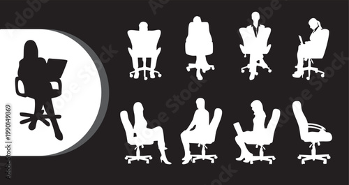 A collection of office chair silhouettes with people working in various positions