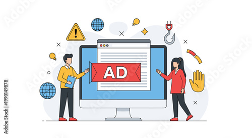 Online ad blocker and intrusive advertising warning concept showing people in front of a computer screen with an advertisement ban.