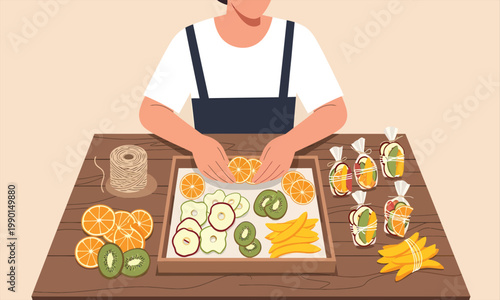 A person arranging sliced fruits for homemade snack packs