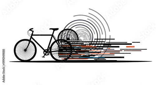 Creative bicycle graphic with abstract geometric lines and circles representing speed and motion.