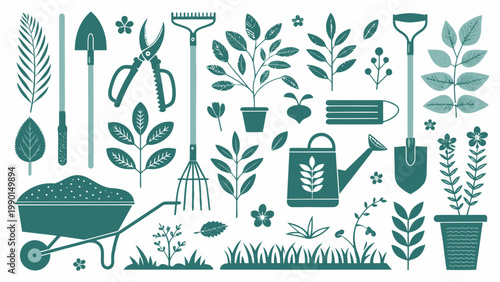 A collection of green gardening tools and plants in a flat vector illustration