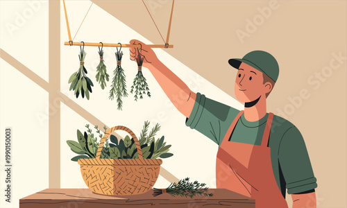 Herb Drying and Bundling Process in Artisan Workshop