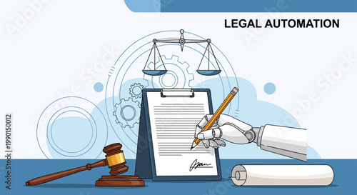 Legal automation and robotic law processing concept with a robotic hand signing a document next to a judge gavel and scales of justice.