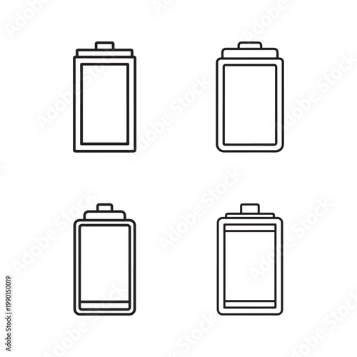 Battery icons in different orientations and styles for graphic design and technology concepts
