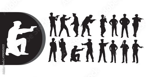A collection of silhouetted figures in various poses with guns on a white background