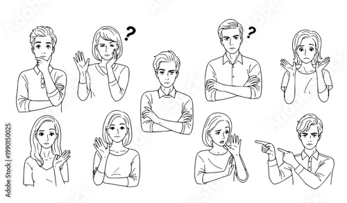 Dissatisfied people line art set negative emotions and complaint gestures outline character vector illustration