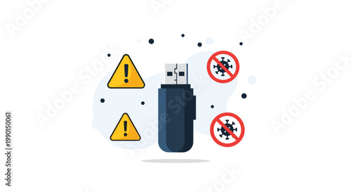 Security alert for infected usb drive device with warning signs and virus icons representing cyber threats and malware protection.
