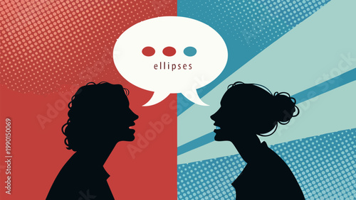 A vector graphic illustration of two people in conversation with ellipses