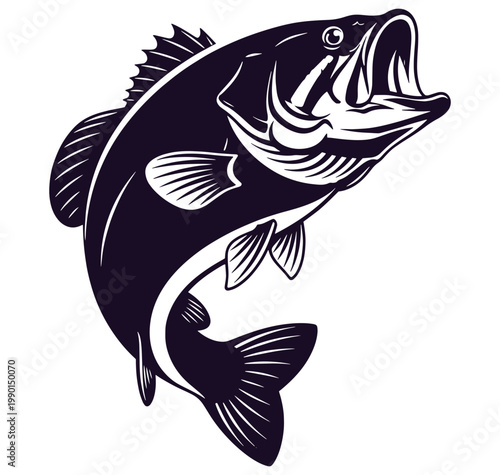 Large mouth bass fish with open mouth and fins illustration